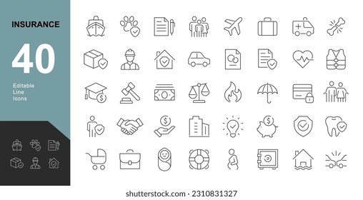 Insurance Line Editable Icons set. Vector illustration in modern thin line style of insurance icons: life, car, pet, intellectual property, and more. Pictograms and infographic