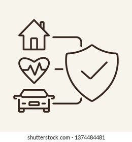 Insurance line icon. Scheck mark on shield, home, car, heart. Insurance concept. Vector illustration can be used for topics like safety, damage, accident, protection, financial security
