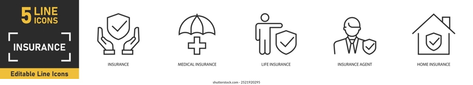 Conjunto de ícones de linha de seguro. Conjunto de 5 ícones de tópicos relacionados a seguro, médico, seguro de vida, agente, seguro de casa e muito mais. Ilustração vetorial