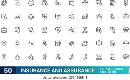Insurance line icon set. Assurance icons for web and mobile app. Life, property, Protection of health, car, home and more.  Editable stroke. Vector illustration.