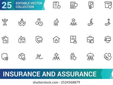 Insurance line icon set. Assurance icons for web and mobile app. Life, property, Protection of health, car, home and more.  Editable stroke. Vector illustration.