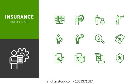 Insurance line icon set. Businessman, investor, paper, loan agreement. Business concept. Can be used for topics like finance, protection, investment, saving, deposit
