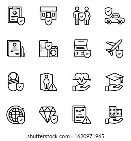 insurance line icon set. Contains such icon as safety, home, health, family, business, car, money, property, shield, finance, risk, security, help, people, service, protection, travel.