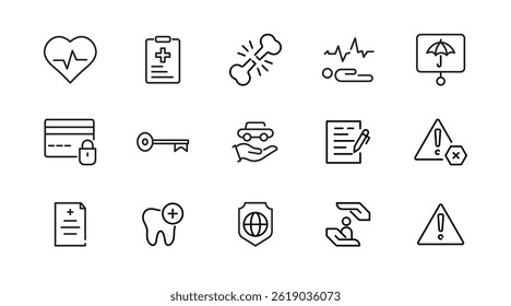 Insurance line icon set. Employe benefits, secure life, car accident, health, bank, property, coverage, security, guarantee, assurance, indemnity outline icon collection. UI thin outline icon pack