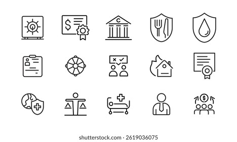 Insurance line icon set. Employe benefits, secure life, car accident, health, bank, property, coverage, security, guarantee, assurance, indemnity outline icon collection. UI thin outline icon pack