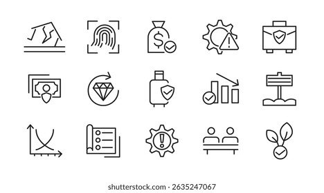 Insurance line icon set. Employee benefits, secure life, car accident, health, bank, property, coverage, security, guarantee, assurance, indemnity outline icon collection. UI thin outline icon pack