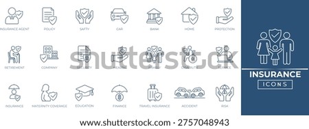 Insurance line icon Set. Features solid icons for insurance symbols, health insurance, safety, Perfect for insurance companies, and financial advisors icons collection.