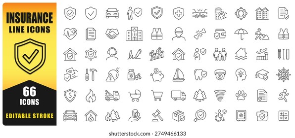 Insurance Line Icon Set Featuring Editable Stroke Vector Symbols. Includes Health, Auto, Home, Travel, Property, Liability, And Financial Protection Elements. Perfect For Apps, Web, Print, And Infographics.