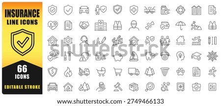 Insurance Line Icon Set Featuring Editable Stroke Vector Symbols. Includes Health, Auto, Home, Travel, Property, Liability, And Financial Protection Elements. Perfect For Apps, Web, Print, And Infographics.