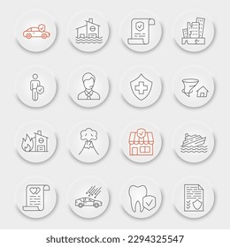Insurance line icon set, healthcare symbols collection, vector sketches, neumorphic UI UX buttons, life and business protection signs linear pictograms package isolated on white background, eps 10.