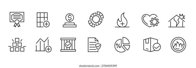 Conjunto de iconos de línea de seguro. Incluye estrategia, desastre natural, emergencia, decisión, prevención, pago, vacaciones, pensión, seguridad financiera, personal y línea de seguro de propiedad conjunto de iconos.