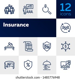 Insurance line icon set. Leadership, presentation, shield. Business concept. Can be used for topics like finance management, consulting, expertise