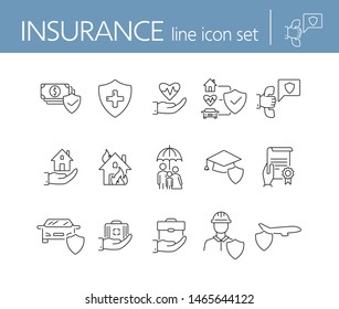 Insurance line icon set. Shield, risk, damage. Accident concept. Can be used for topics like life insurance, service, safety