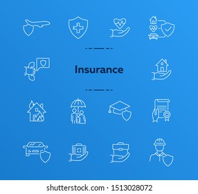 Insurance line icon set. Shield, risk, damage. Accident concept. Can be used for topics like life insurance, service, safety
