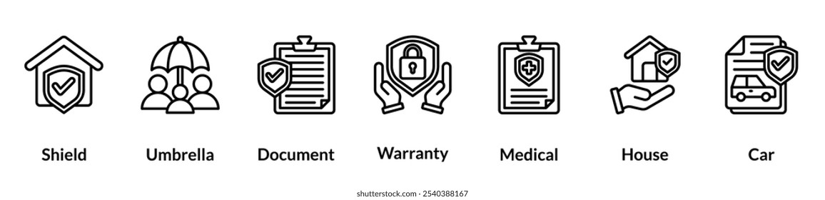 Conjunto de ícones de linha de seguro. Escudo, Guarda-chuva, Documento, Garantia, Médico, Casa, Carro