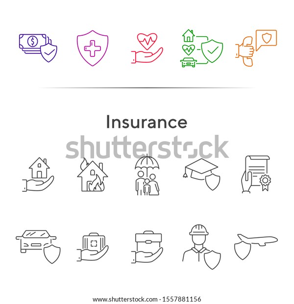Insurance\
line icon set. Shield, risk, damage. Accident concept. Can be used\
for topics like life insurance, service,\
safety