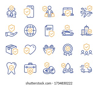 Insurance line icons. Health care, risk, help service. Car accident, flood insurance, flight protection icons. Safety document, money savings, delivery risk. Car full coverage. Vector