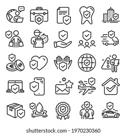 Insurance Line Icons. Health Care, Risk, Help Service. Car Accident, Flood Insurance, Flight Protection Icons. Safety Document, Money Savings, Delivery Risk. Car Full Coverage. Line Icon Set. Vector