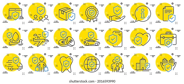 Insurance Line Icons. Health Care, Risk, Help Service. Car Accident, Flood Insurance, Flight Protection Icons. Safety Document, Money Savings, Delivery Risk. Car Full Coverage. Vector