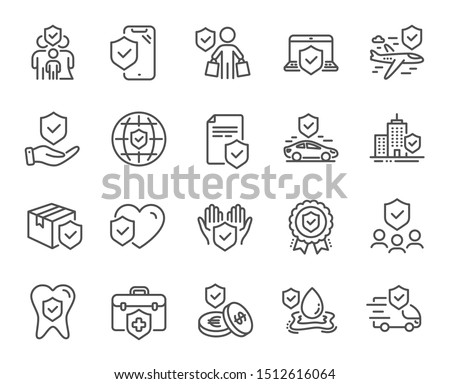 Insurance line icons. Health care, risk, help service. Car accident, flood insurance, flight protection icons. Safety document, money savings, delivery risk. Car full coverage. Vector