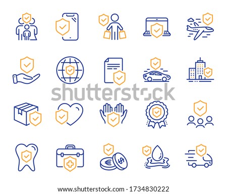 Insurance line icons. Health care, risk, help service. Car accident, flood insurance, flight protection icons. Safety document, money savings, delivery risk. Car full coverage. Vector