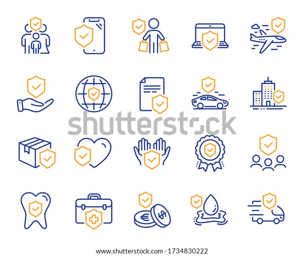 Insurance line\
icons. Health care, risk, help service. Car accident, flood\
insurance, flight protection icons. Safety document, money savings,\
delivery risk. Car full coverage.\
Vector