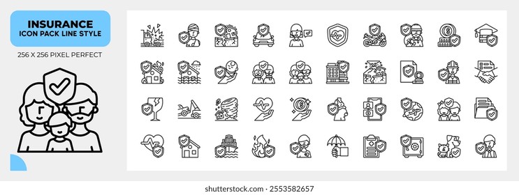 Insurance Line Icons Pack, Contain Such as Car Insurance, Family Insurance, Insurance Police and More