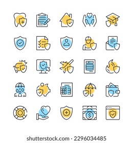 Insurance line icons. Set of insurance icons. Black, blue and yellow colors. Modern outline graphic design. Vector line icons set