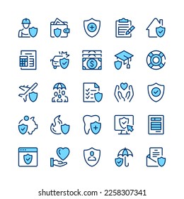 Iconos de la línea de seguro. Conjunto de iconos de seguros. Color azul. Conjunto de iconos de línea de vector