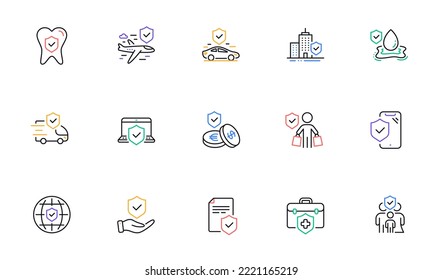 Insurance line icons set. Family care, risk, help service. Car accident, flood insurance, flight protection icons. Safety document, money savings, delivery risk. Car full coverage. Vector