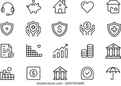 Insurance Line Icons Set. Policy, Protection, Coverage, Claims. Editable Stroke. Vector Illustration	