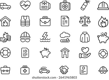 Insurance Line Icons Set. Policy, Protection, Coverage, Claims. Editable Stroke. Vector Illustration	
