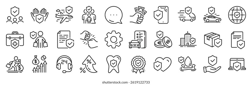 Insurance line icons. Settings gear, Message, Inflation icons. Health care, risk, help service. Car accident, flood insurance, flight protection icons. Vector