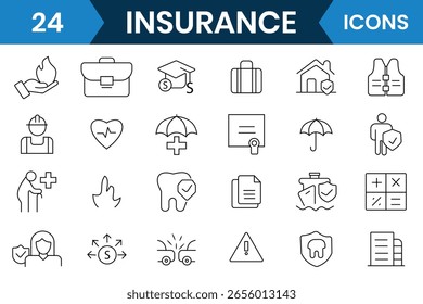 Vektorgrafik-Set für die Sicherungszeilensymbole. Versicherungs bearbeitbare Linie Icons Sammlung.  Leben, Auto, Haus, Pflege, Geld, Schutz der Gesundheit, Auto, Haus, Reiseversicherung Symbole und mehr. Vektorgrafik.