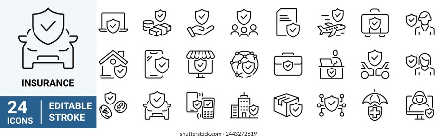 Insurance line web icons. Health care, risk, help desk. Car accident, travel insurance, flight protection icons. Security document, editable stroke