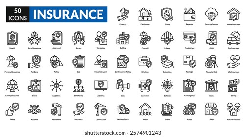 Insurance linear icon collection set. includes finance, life, protect, health, family, business, insurance, safety, service