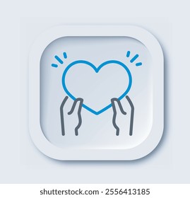 Insurance linear icon. Hands with blue heart. Charity, generosity and volunteering. Minimalistic ui and ux design for website. Outline vector illustration isolated on white background