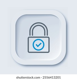 Insurance linear icon. Padlock with blue tick. Personal information safety and protection. Minimalistic ui and ux design for website. Outline vector illustration isolated on white background