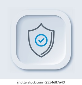 Insurance linear icon. Shield with blue tick. Personal information safety and security. Minimalistic ui and ux design for website. Outline vector illustration isolated on white background