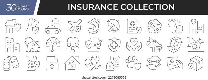 Insurance linear icons set. Collection of 30 icons in black