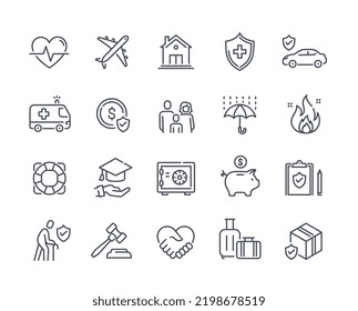 Insurance linear icons set. Protection of property or real estate, health, car or travel insurance, saving money. Design elements for app. Cartoon flat vector collection isolated on white background