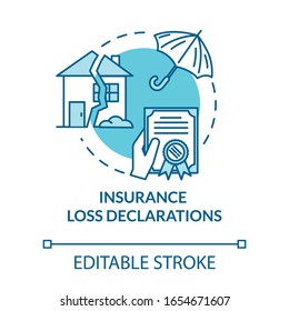 Icono de concepto turquesa de declaración de pérdidas de seguros. Valor inmobiliario. Seguridad general. Ilustración de línea delgada de la idea de servicio notarial. Dibujo de color RGB con contorno aislado por vectores. Trazo editable