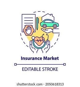 Insurance market concept icon. Life, vehicle, real estate, health coverage. Financial protection abstract idea thin line illustration. Vector isolated outline color drawing. Editable stroke