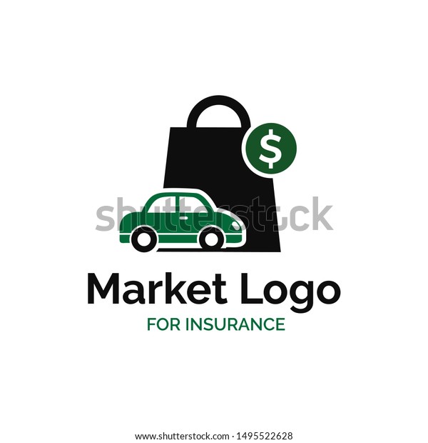 Insurance market logo design with shopping\
bag, green car and money\
illustration