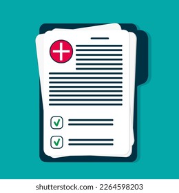 Insurance.
Medical certificate with list and checkboxes.
Flat tablet, folder with medical form, diagnosis, discharge, doctor's report. Case history.
vector illustration.