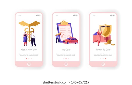 Insurance Mobile App Page Onboard Screen Set, Property, Car And Health Protection Paper Sign, Money Guarantee, Transport , Home, Life Concept For Website Or Web Page, Cartoon Flat Vector Illustration