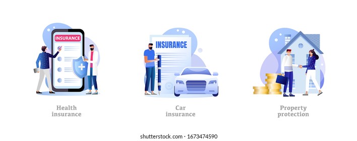 Insurance Mobile App Page Set, Property, Car and Health Protection Paper Sign, Money Guarantee, Transport , Home, Life Concept for Website or Web Page, Cartoon Flat Vector Illustration