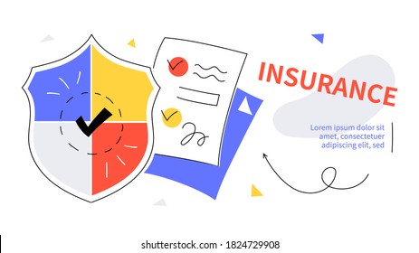 Insurance - modern colorful flat design style web banner with line elements, copy space for text. Security and protection, healthcare idea. An illustration with a shield, signed papers, documents