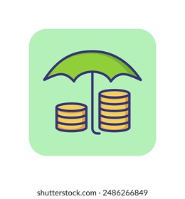 Insurance of money line icon. Stacks of coins under umbrella. Finance concept. Can be used for topics like financial safety, protection, saving