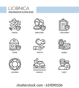 Insurance - monochromatic vector modern single line icons set. Plane, travelling, male, female employee, document, check mark, home, health, hand, money, life ring, vehicle, thief.